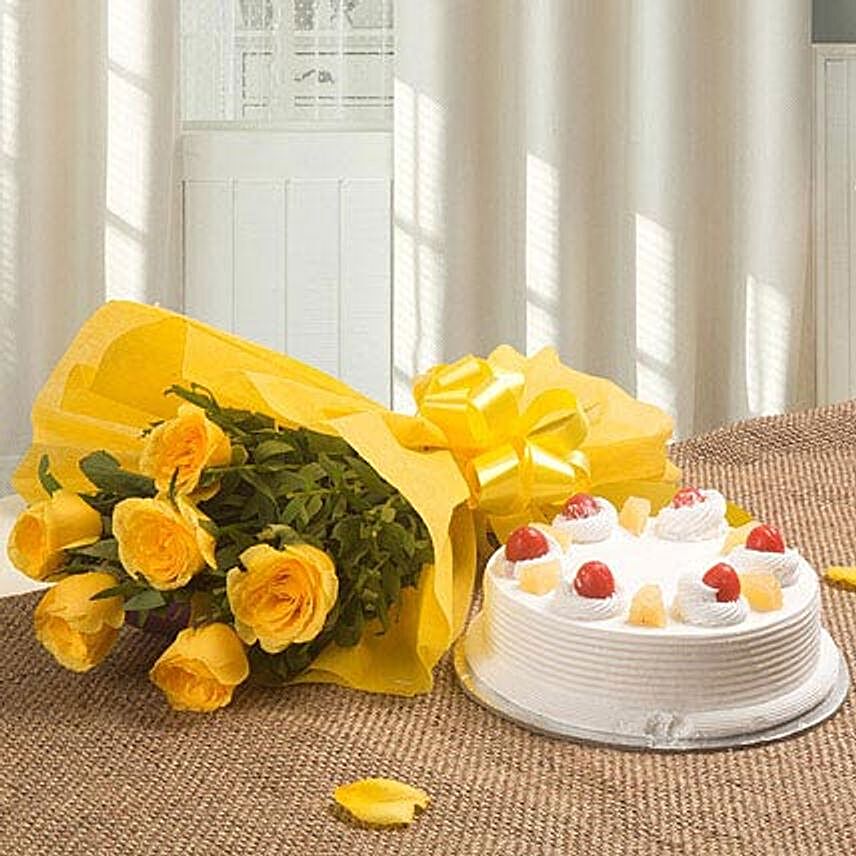 Spectacular - Bunch of 6 Yellow Roses with Pineapple Cake 500gms.:Cake And Flower Delivery In Delhi
