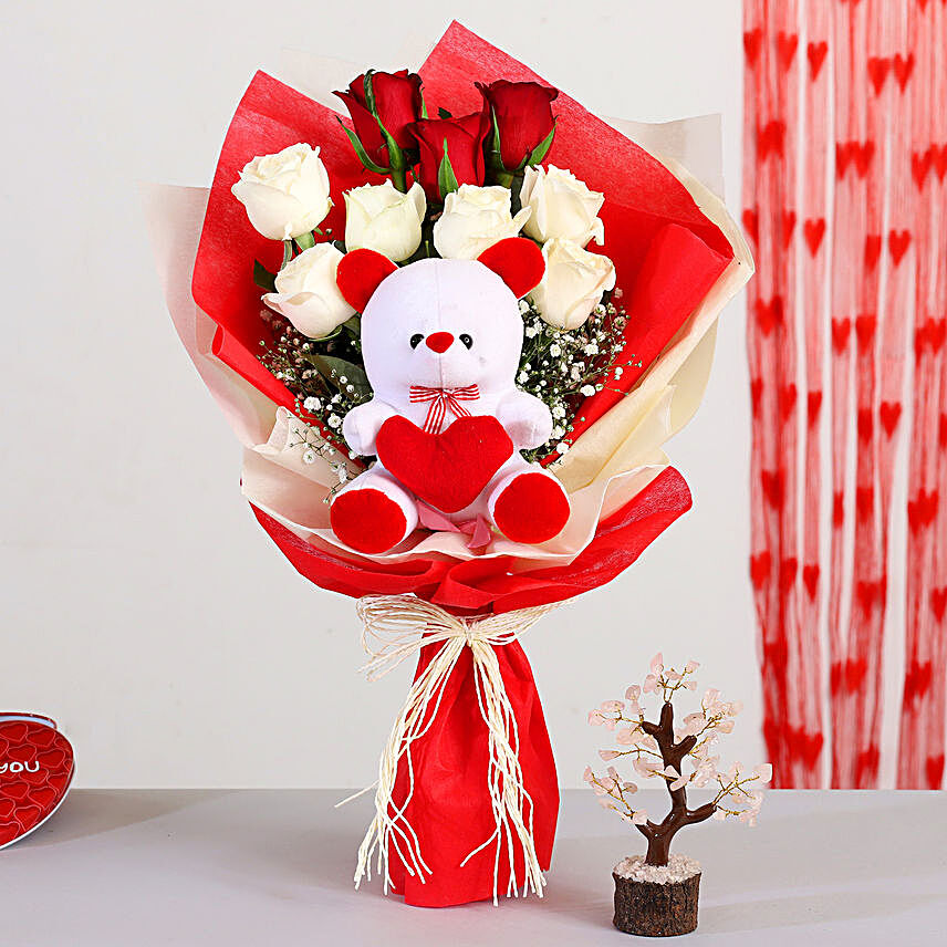 White & Red Roses Bouquet With Rose Quartz Wish Tree