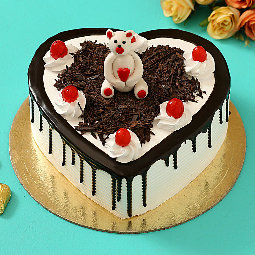 Online Teddy On Top Black Forest Heart Cake