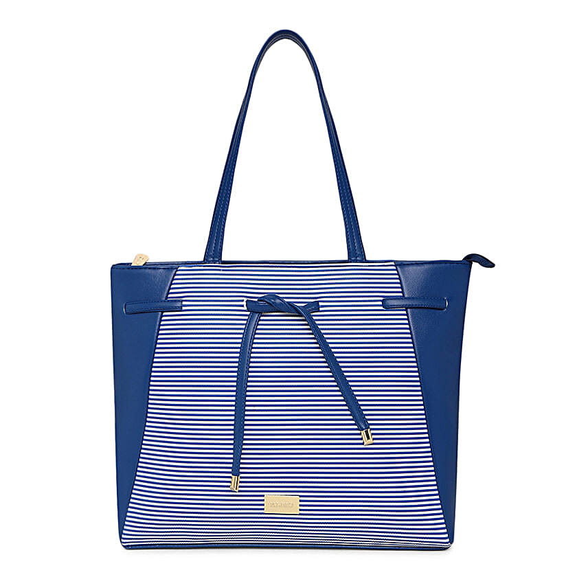 KLEIO Striped Leatherette Big Tote Handbag Blue