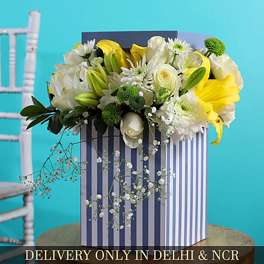 Asiatic Yellow Lily And White Roses In Beautiful Box