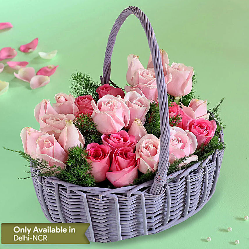 Ema And Aqua Roses In Handle Basket