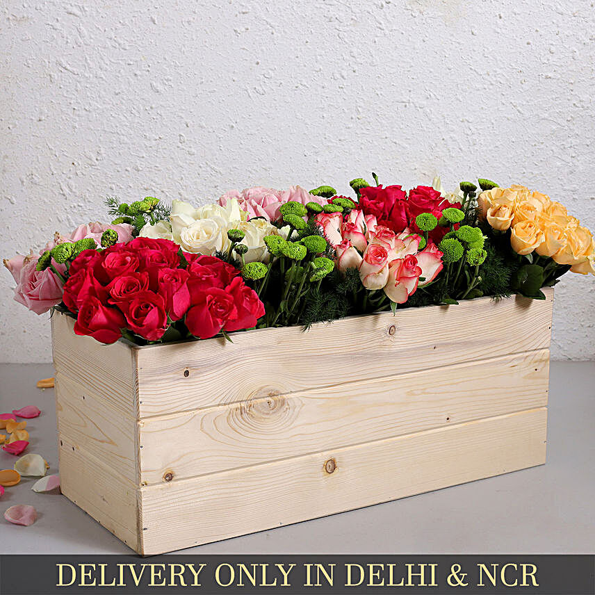 Mixed Flowers Arrangement In Wooden Crate