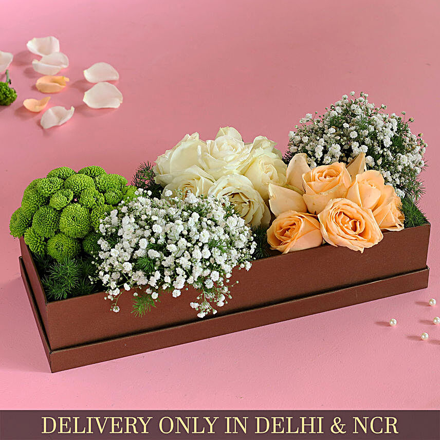 White And Peach Roses With Green Daisy In Golden Box:Send Wish Trees