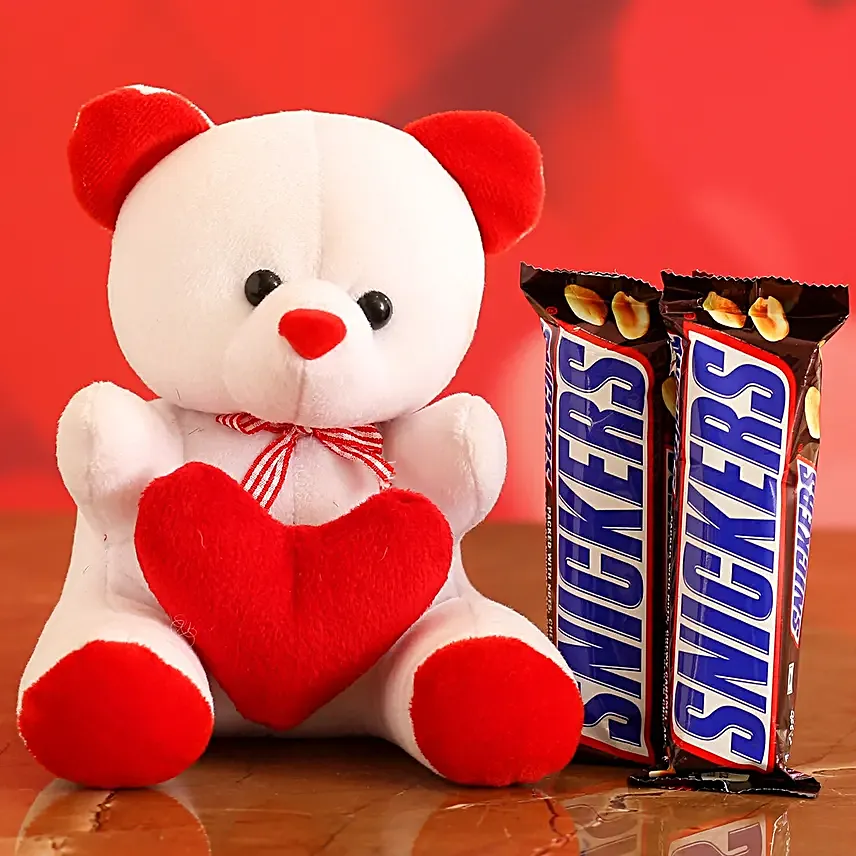 Snickers Chocolates With Red & White Teddy Combo