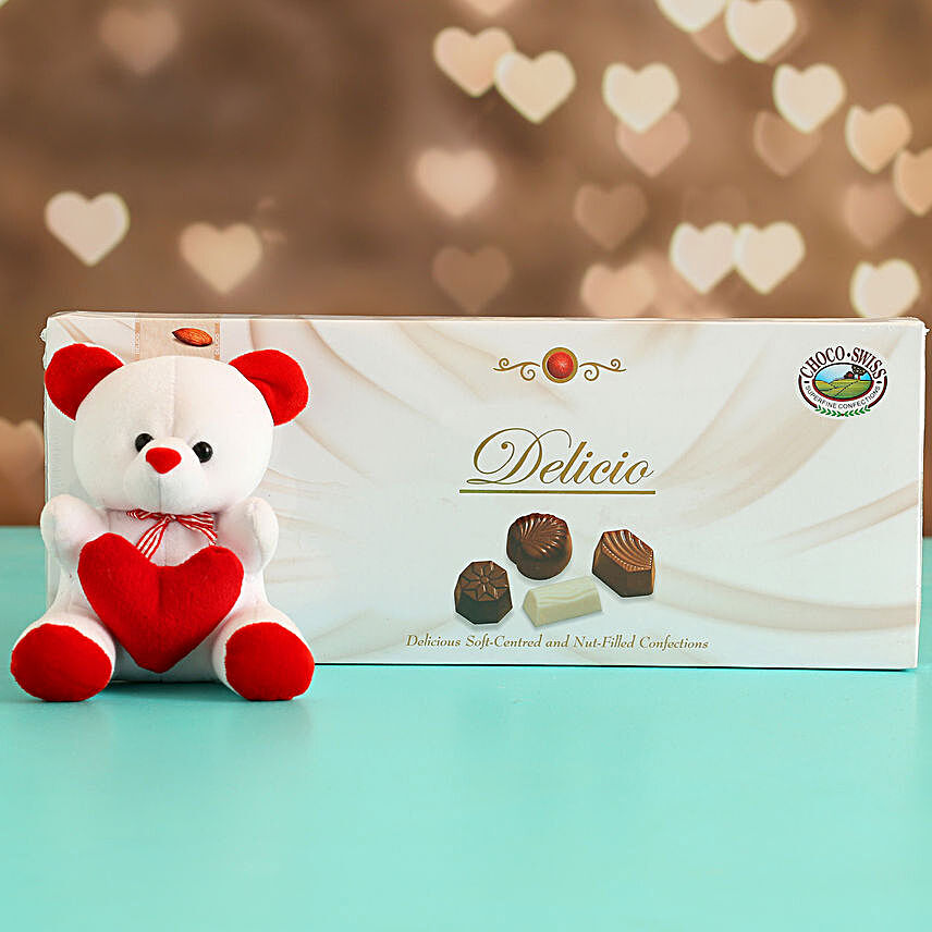 Swiss Choco Delicious Pack With Red & White Teddy