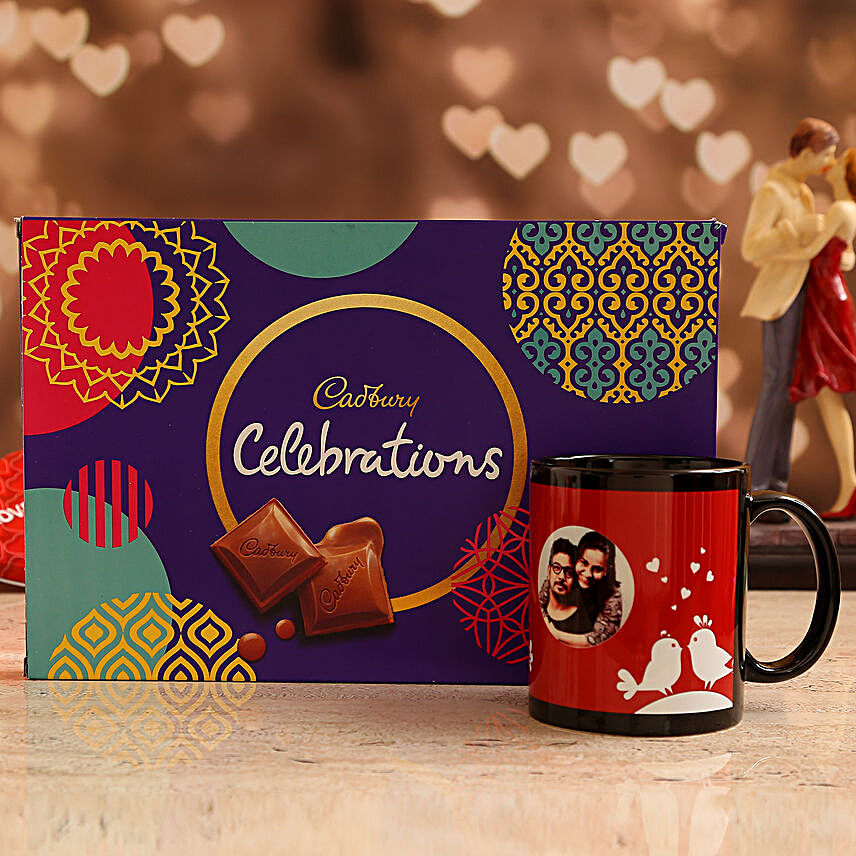 Personalised Couple Photo Black Mug With Cadbury Celebrations Box