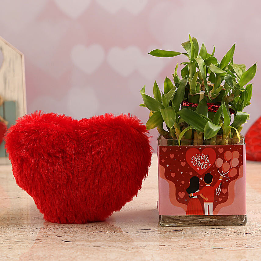 Two Layer Bamboo Plant In You N Me Vase & Red Heart