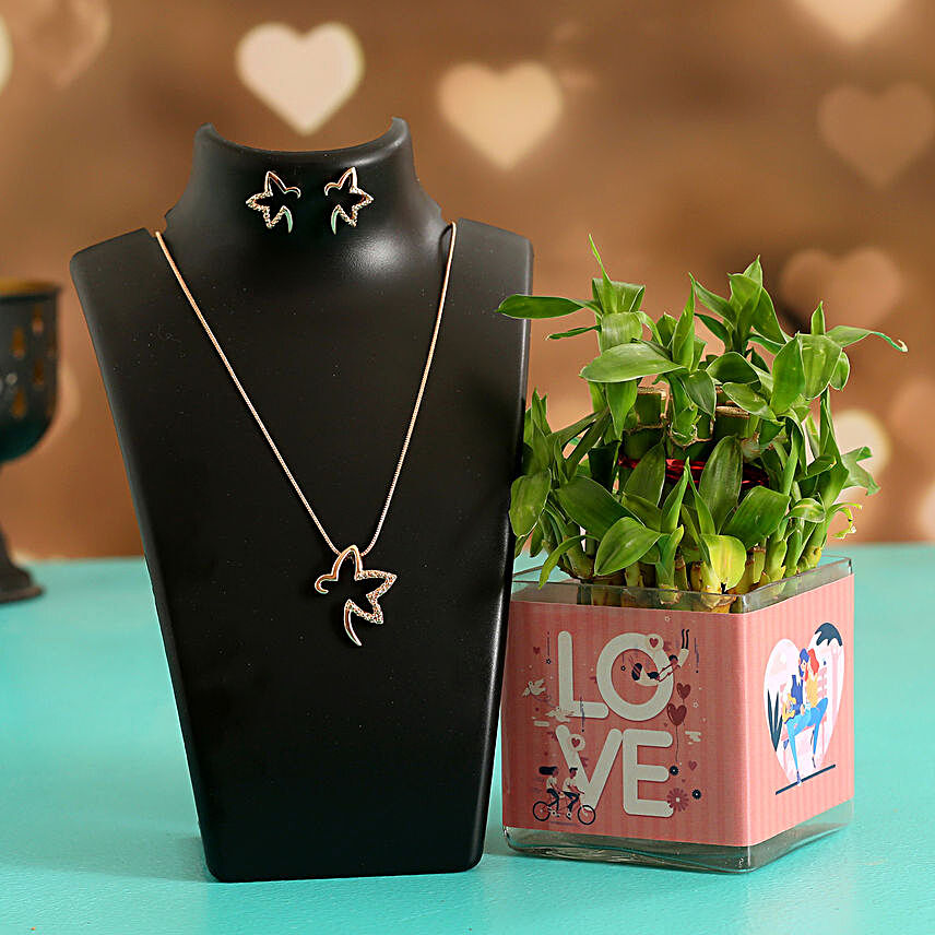 Two Layer Bamboo Plant In Love Sticker Vase & Necklace Set