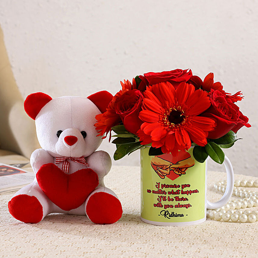 Mixed Flowers Arrangement In Personalised Mug and Cute Teddy
