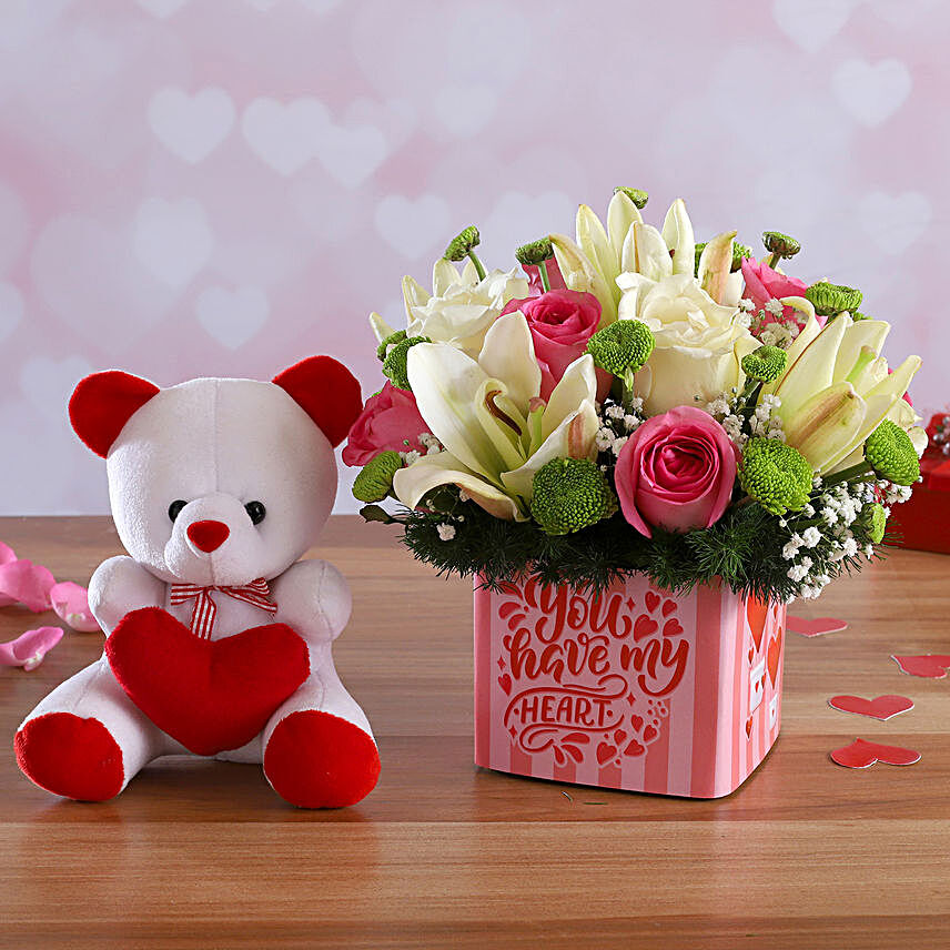 Mixed Flowers In Cute Sticker Vase and Love Teddy