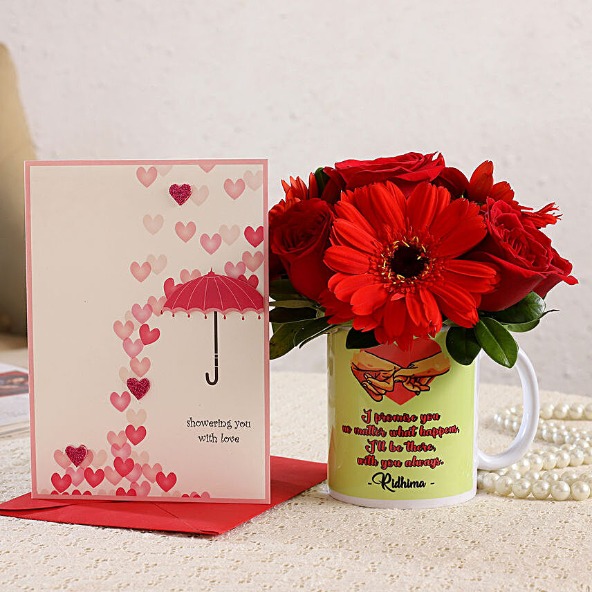 Mixed Flowers In Personalised Mug and Love Umbrella Card