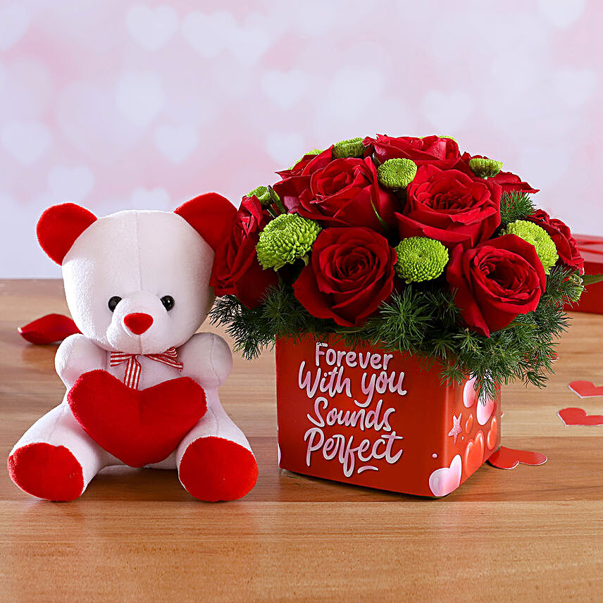 Mixed Flowers In Sticker Vase and Love Teddy
