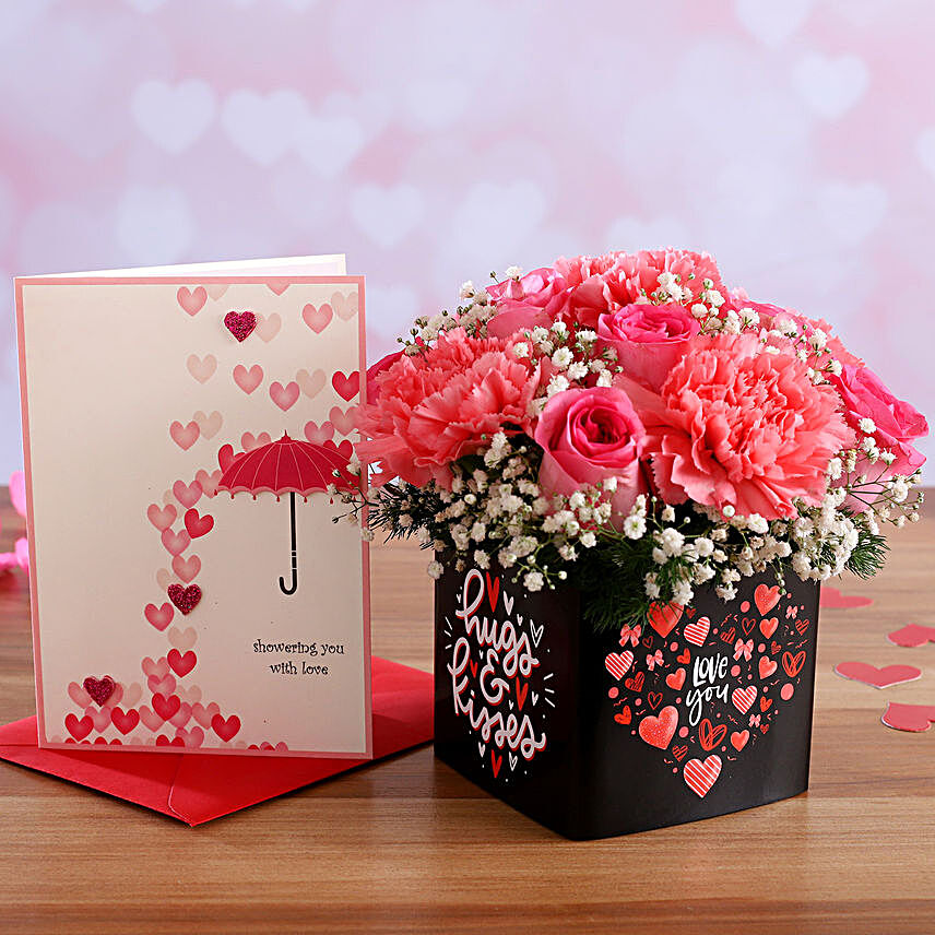 Mixed Pink Flowers In Sticker Vase and Love Umbrella Card:Flowers With Cards For Anniversary