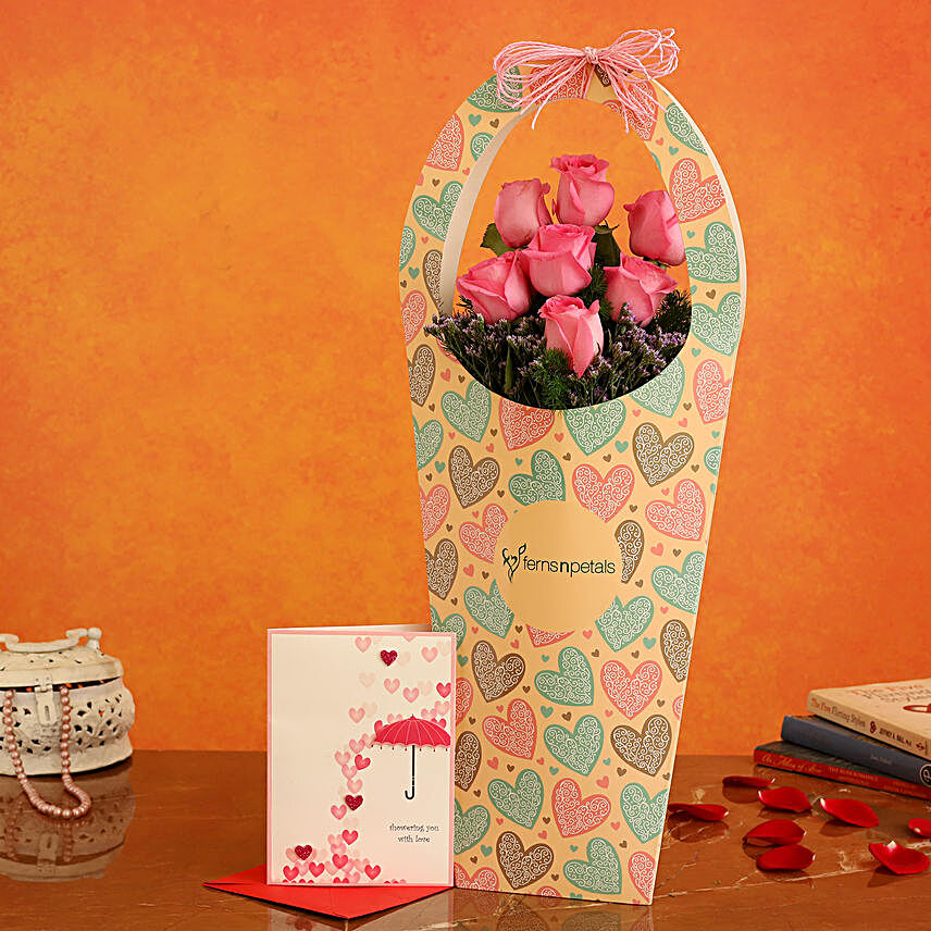 Pink Roses In FNP Heart Sleeve and Love Umbrella Card:Flower Bouquet and Card Delivery