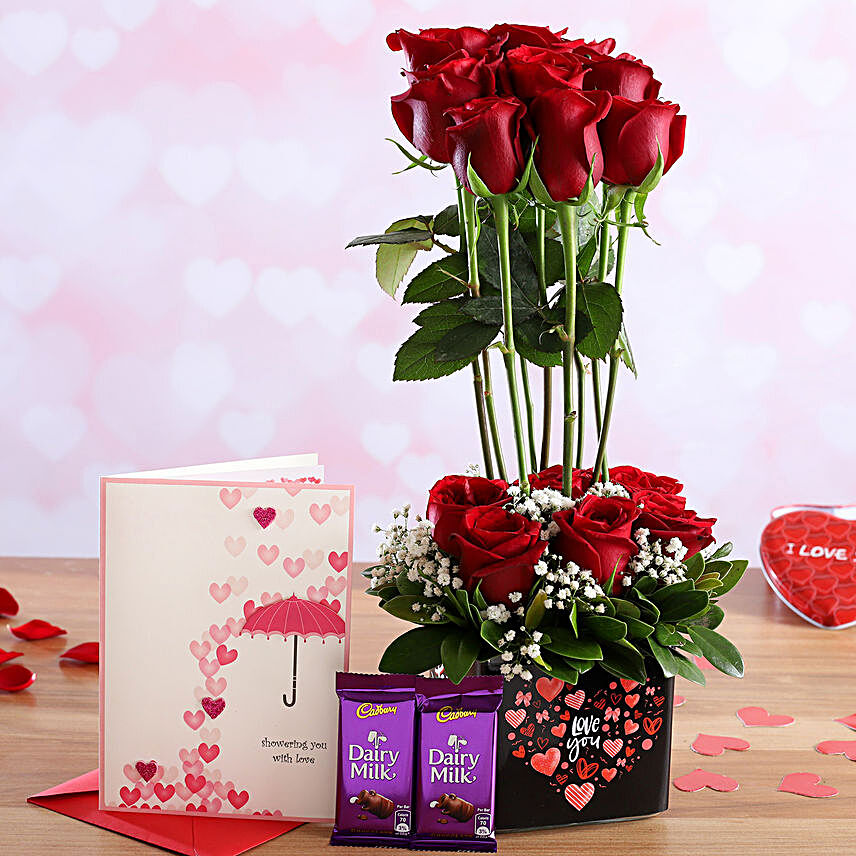 Pretty Roses In Sticker Vase and Love Card with Cadbury Dairy Milk:Send Flowers to Ferozepur