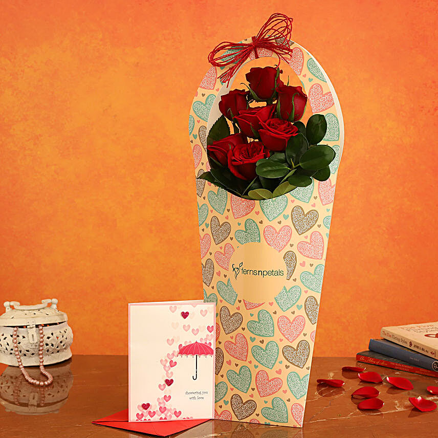 Red Roses In FNP Heart Sleeve and Love Umbrella Card:Flowers With Cards For Anniversary
