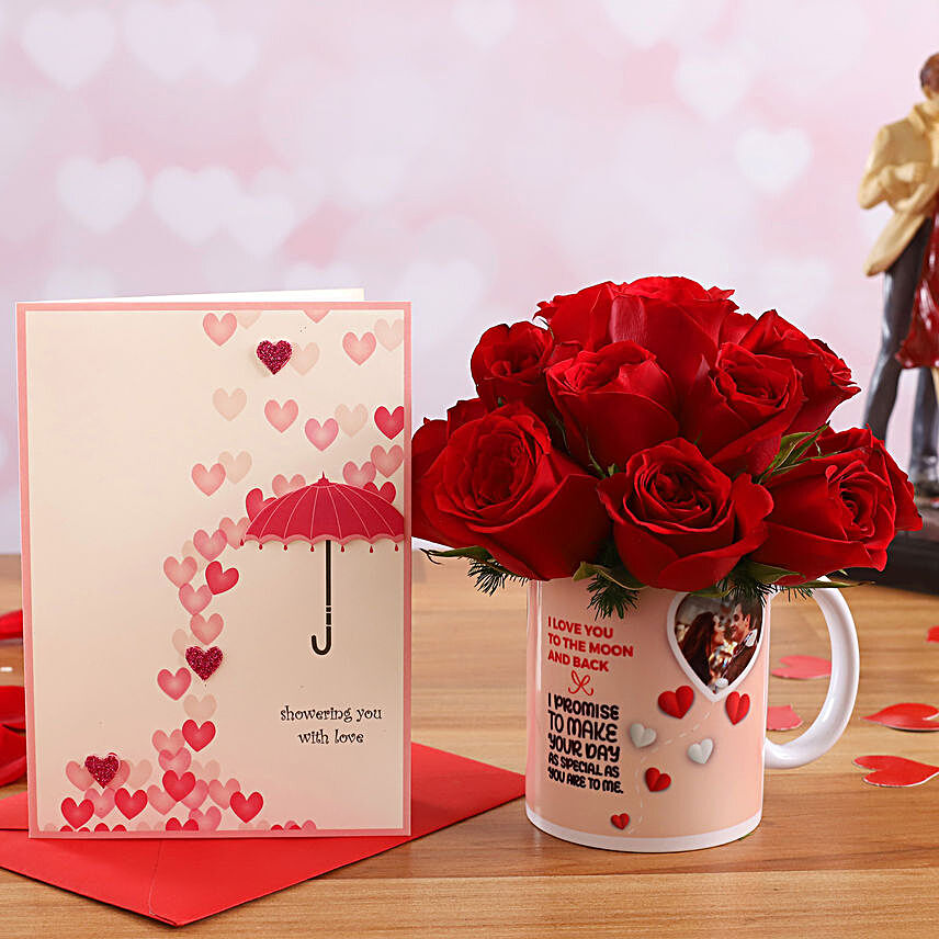 Red Roses In Personalised V Day Mug and Love Umbrella Card