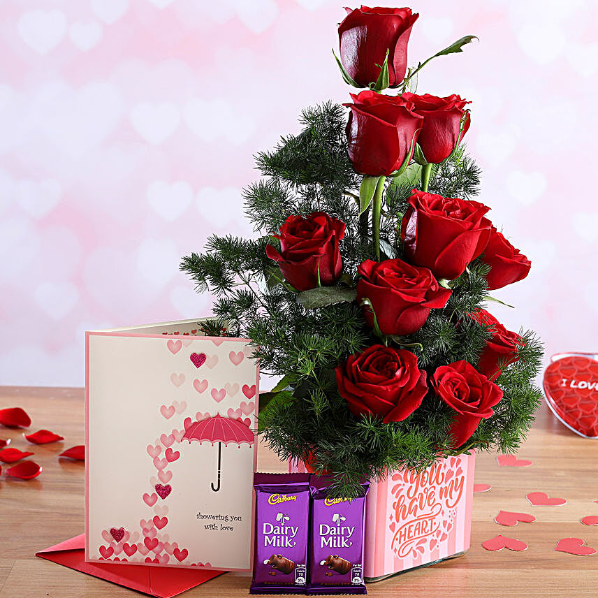 Red Roses In Sticker Vase and Love Card with Cadbury Dairy Milk