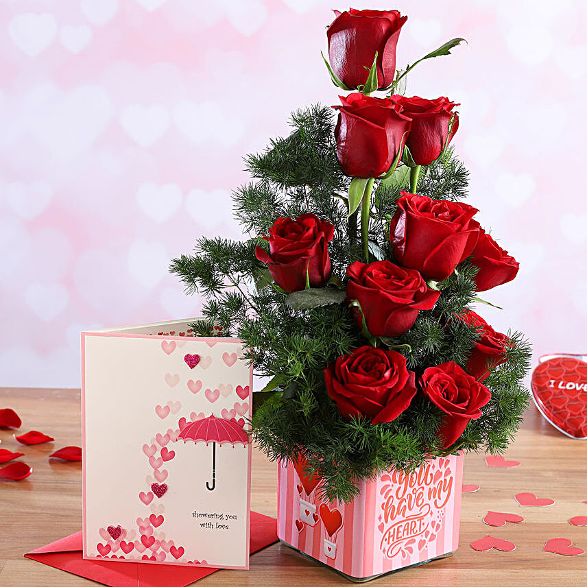 Red Roses In Sticker Vase and Love Umbrella Card:Send Flowers And Card