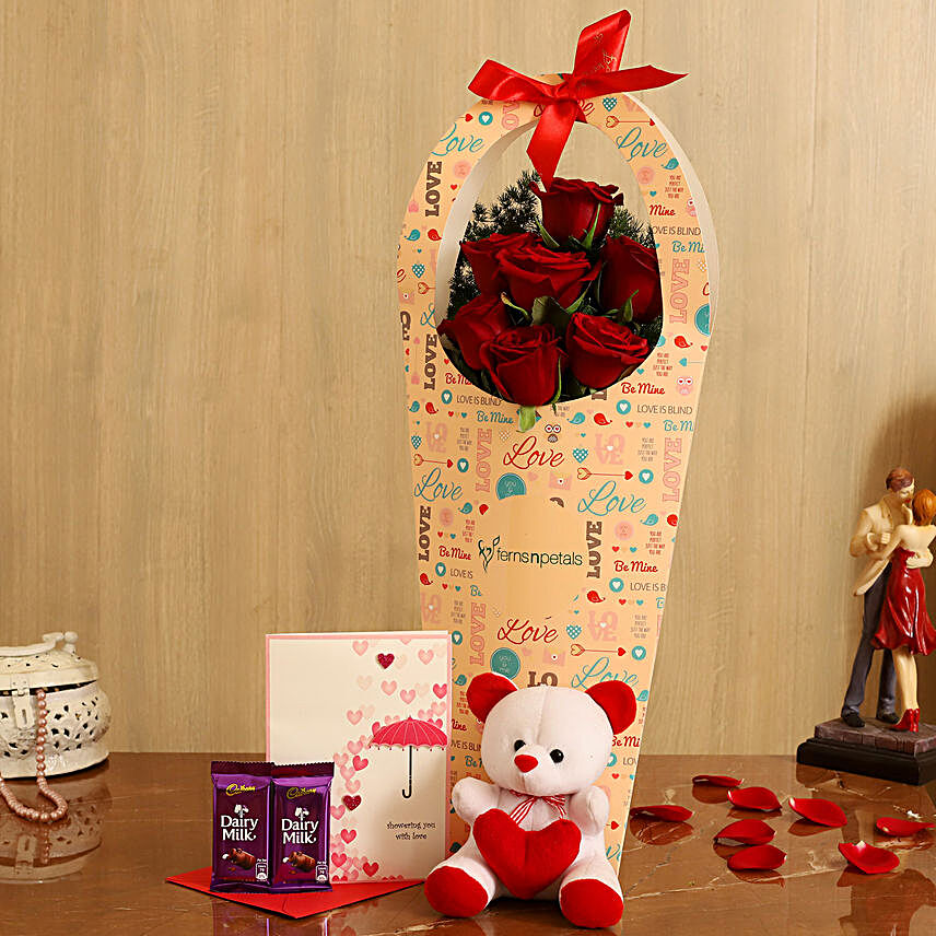 V Day Special Red Roses in FNP Love Sleeve Combo:Rose Day Gifts
