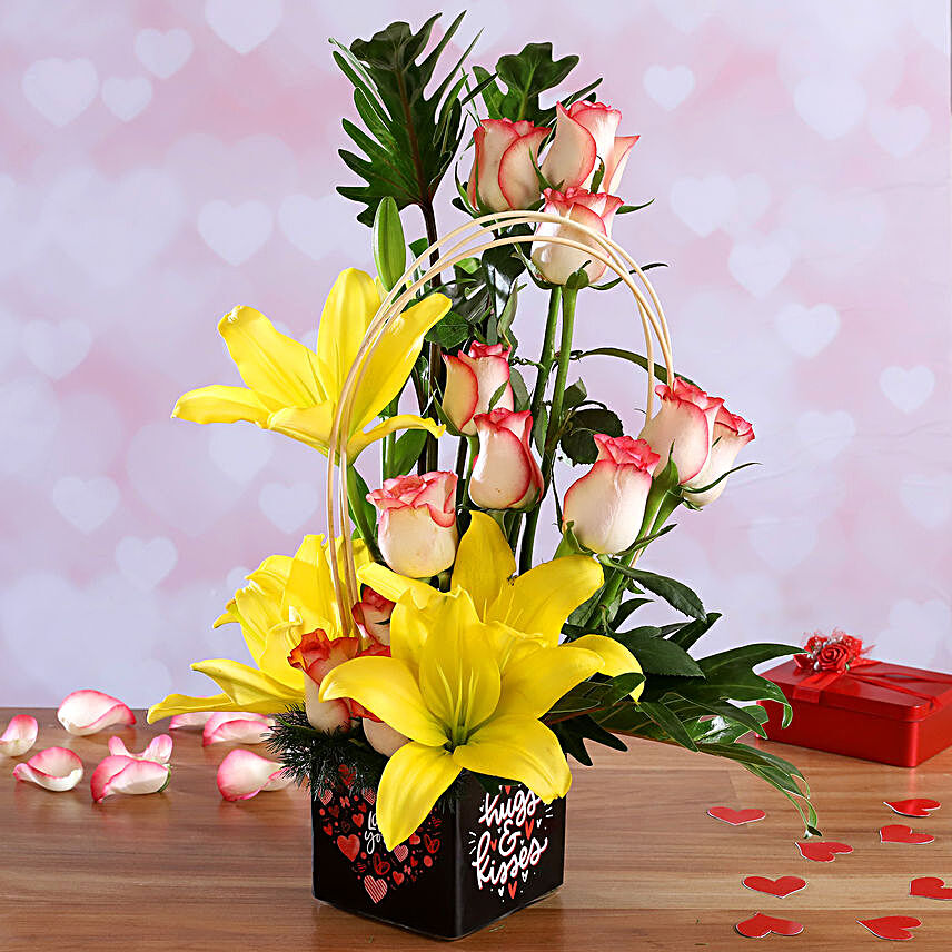 Roses & Lilies In Love You Vase