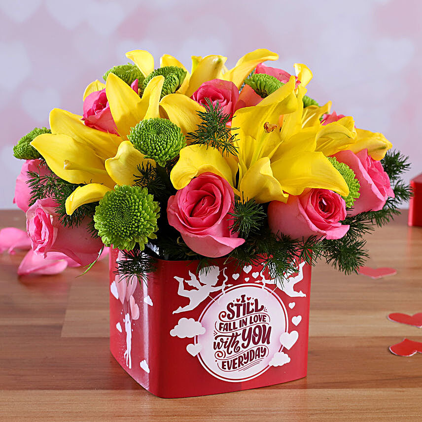 mix roses in  vase arrangement for valentine
