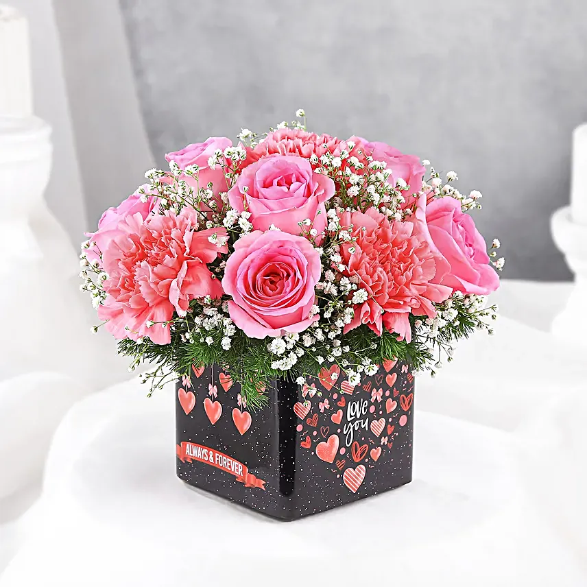 Pink Roses And Carnations In Love You Sticker Vase