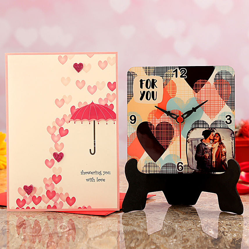 Personalised Couple Photo Love Table Clock And Love Umbrella Card
