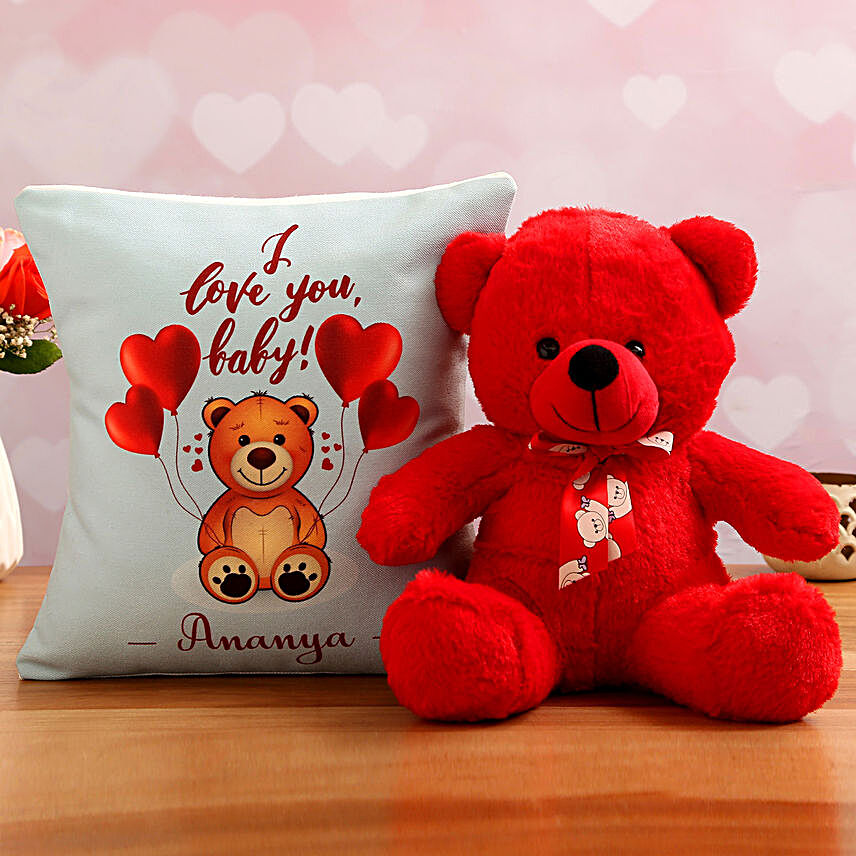 Personalised Name I Love You Cushion With Red Teddy