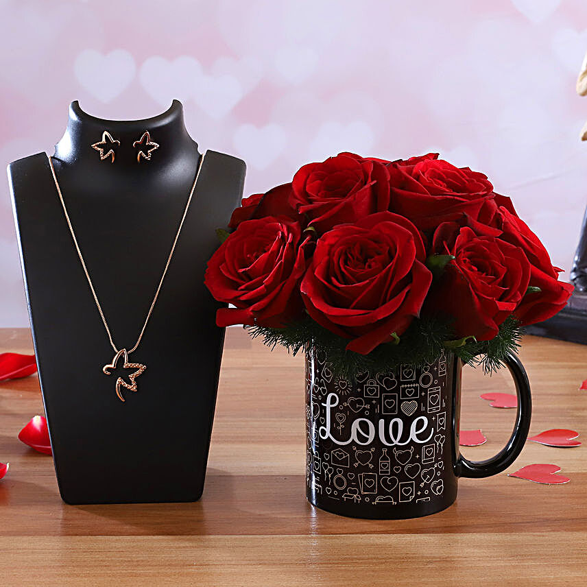 Red Roses In Love Mug & Pretty Necklace Set
