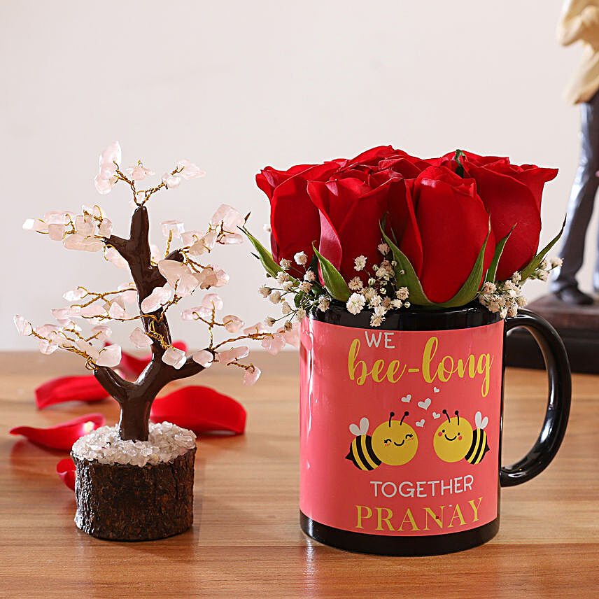 Red Roses In Personalised Name Bee Mug & Wish Tree