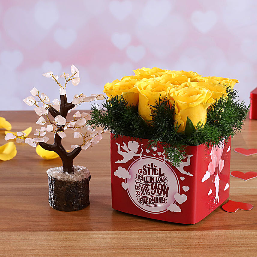 Yellow Roses In Sticker Vase & Wish Tree