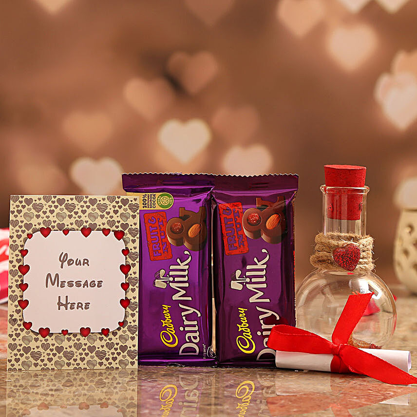Personalised Message Love Bottle & Cadbury Fruit & Nut
