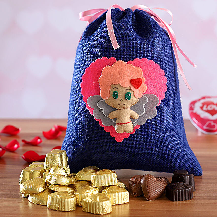 Valentine Assorted Chocolates In Blue Angle Potli