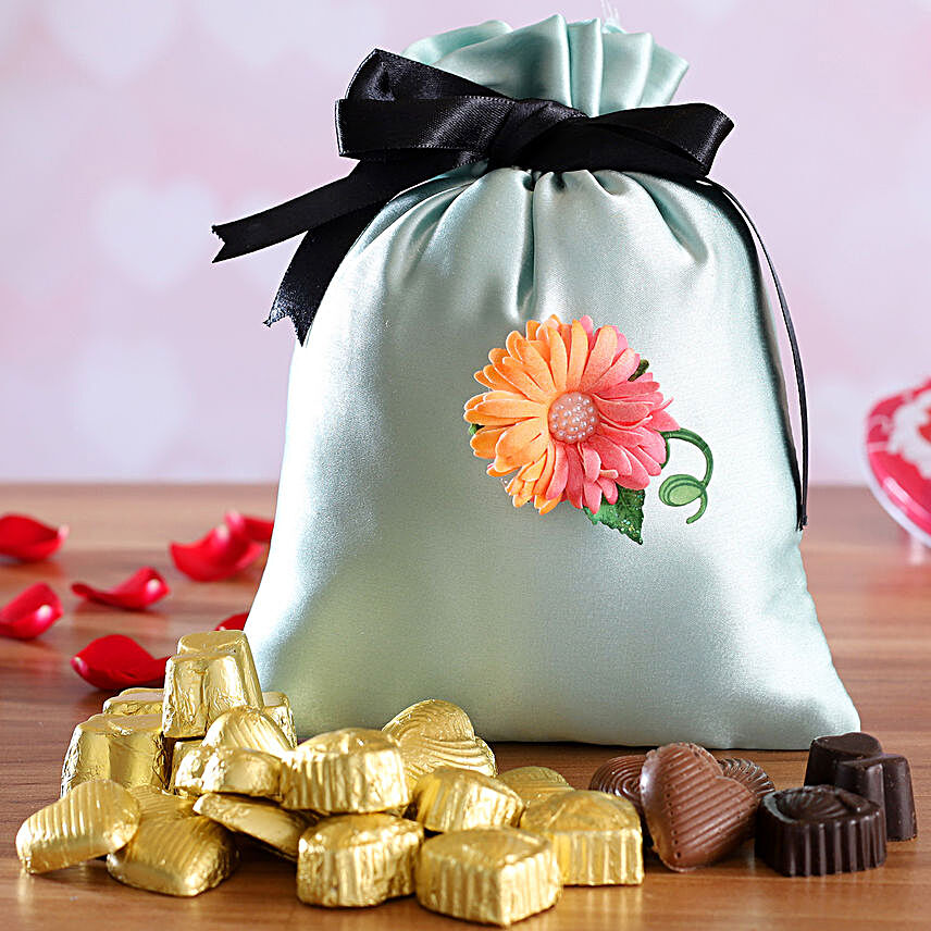 Valentine Assorted Chocolates In Flower Satin Potli