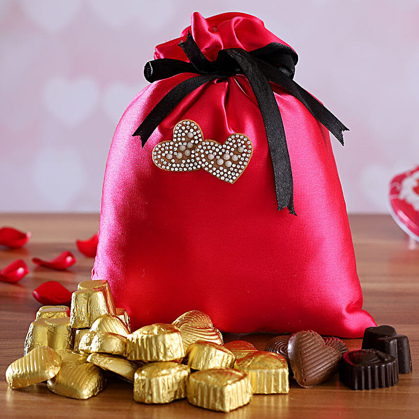 Valentine Assorted Chocolates In Hot Pink Potli