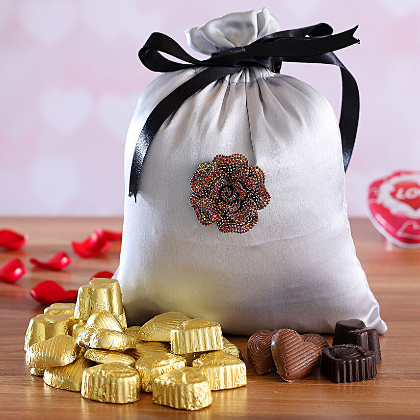 Valentine Assorted Chocolates In Rose Satin Potli