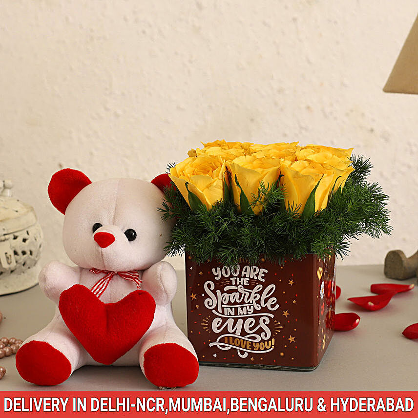 Vibrant Yellow Roses In Love You Vase & Cute Teddy