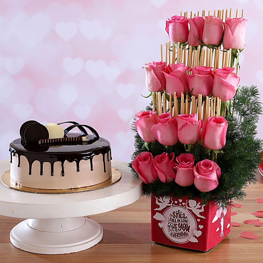 Chocolate Cake & Fall In Love Pink Roses Combo:Fresh Pink Flowers