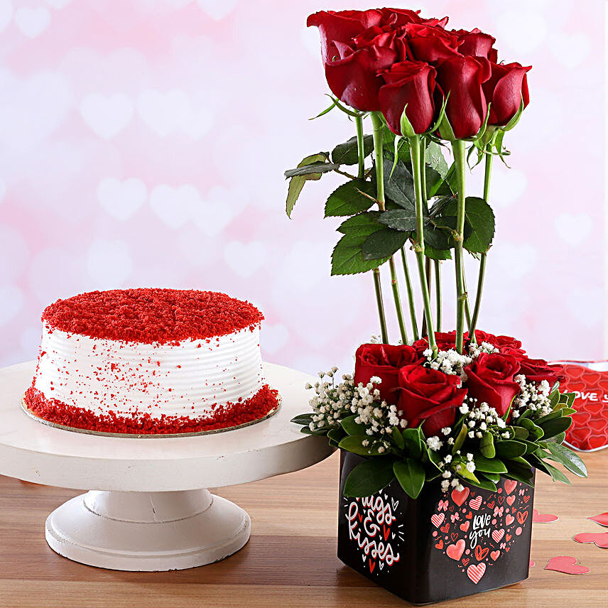 Red Velvet Cake & Love You Red Roses Combo:Cake and Flower Delivery