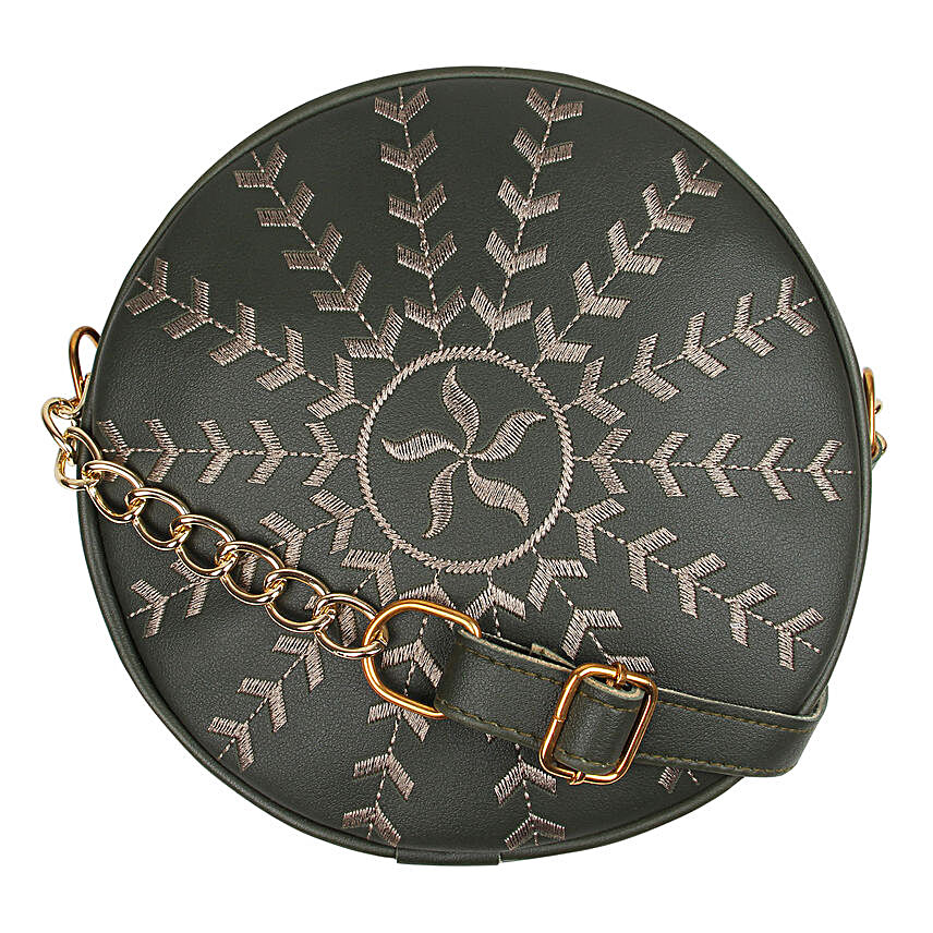 Faux Leather Round Embroidery Sling Bag-Olive