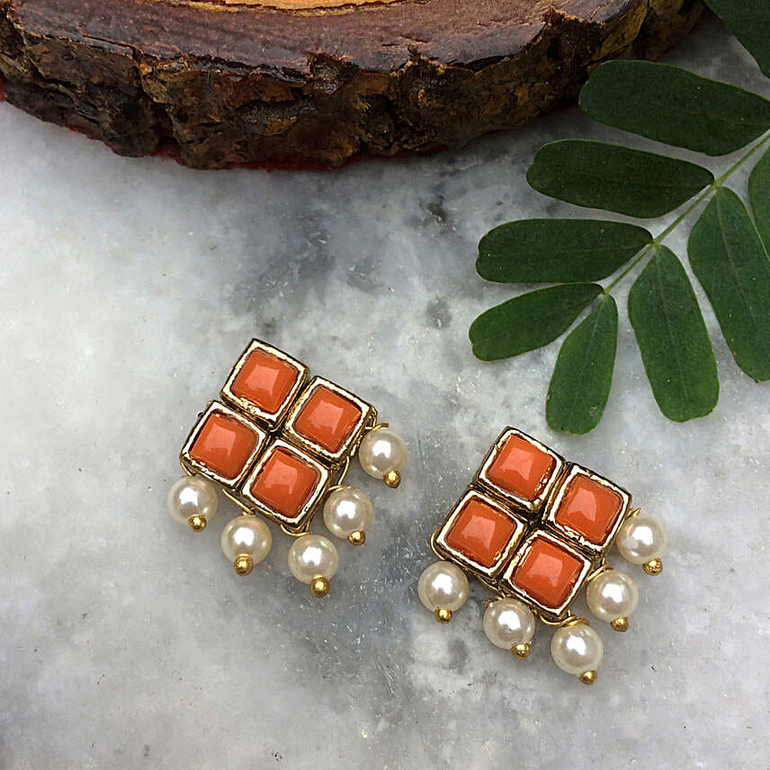 Orange Resin Stone & Pearl Stud Earrings