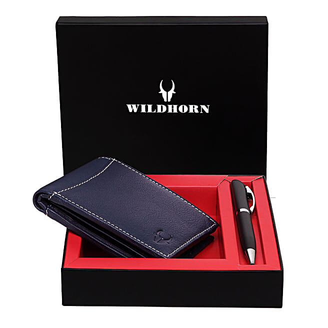 WildHorn Men's Minimalist Leather Wallet Combo Set In Blue - Full Grain Genuine Leather (Gift Boxed)