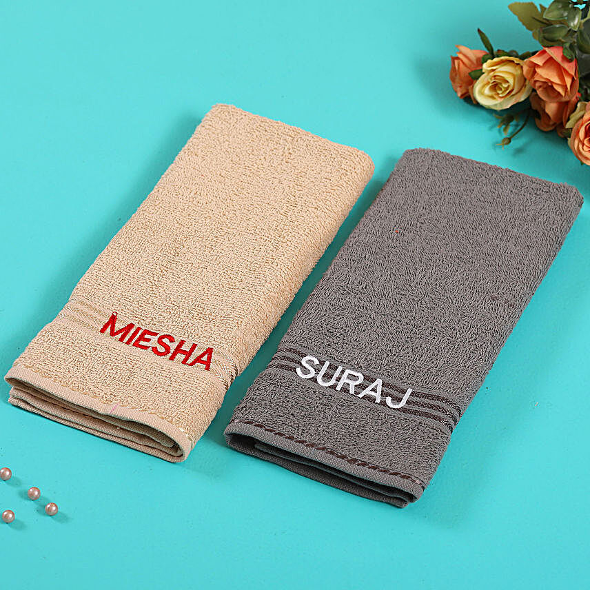Personalised Camel And Grey Colour Cotton Hand Towels