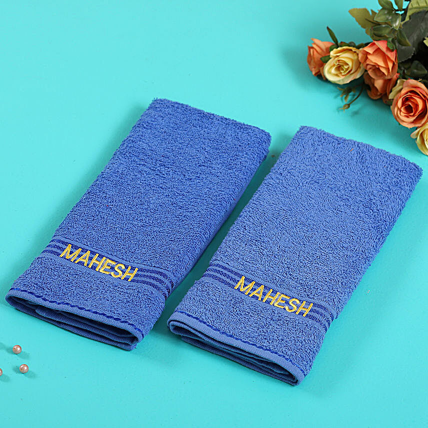 Personalised Blue Cotton Hand Towel Pack Of 2