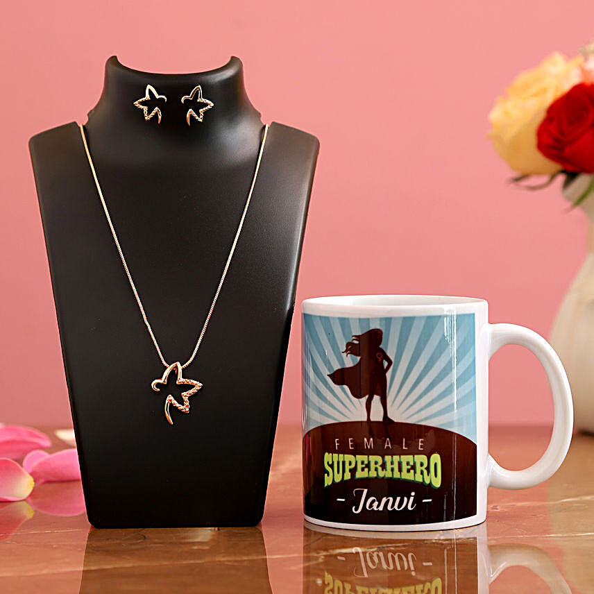 Female Superhero Personalised Mug Necklace Set