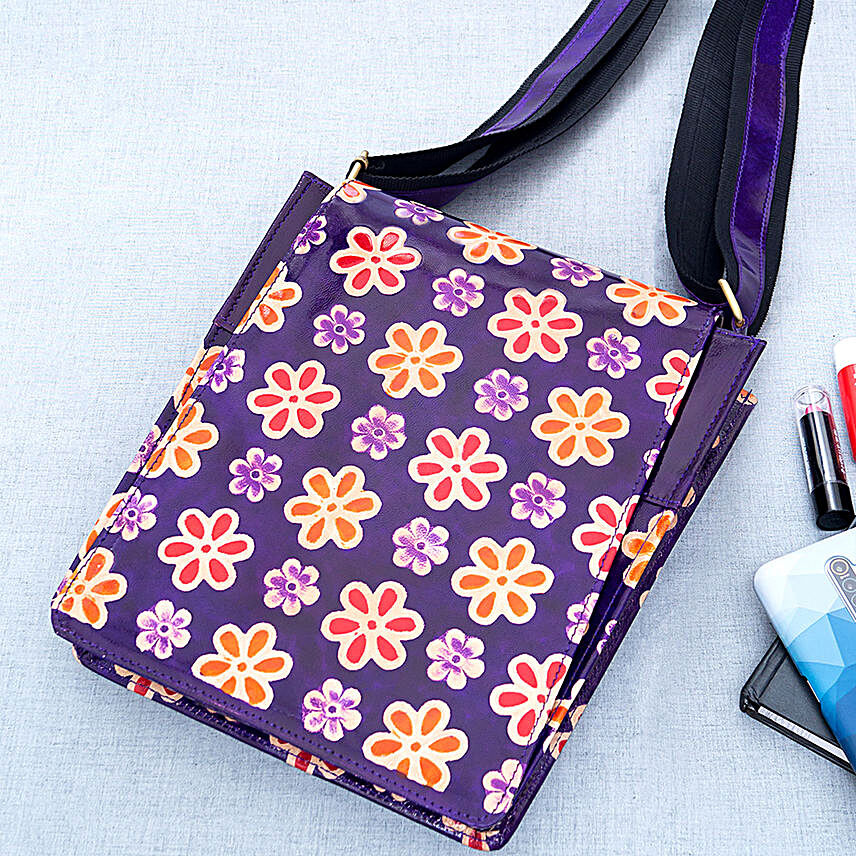Floral Hand Painted Leather Sling Bag Purple