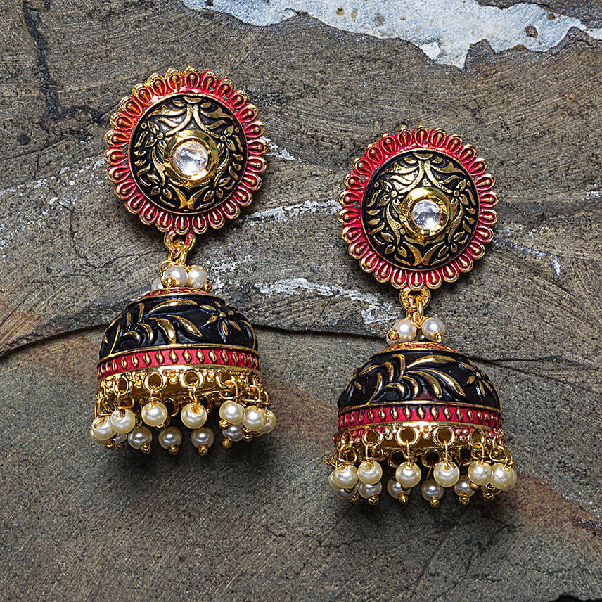 Beautiful Red And Black Gold Plated Dome Shape Jhumkas