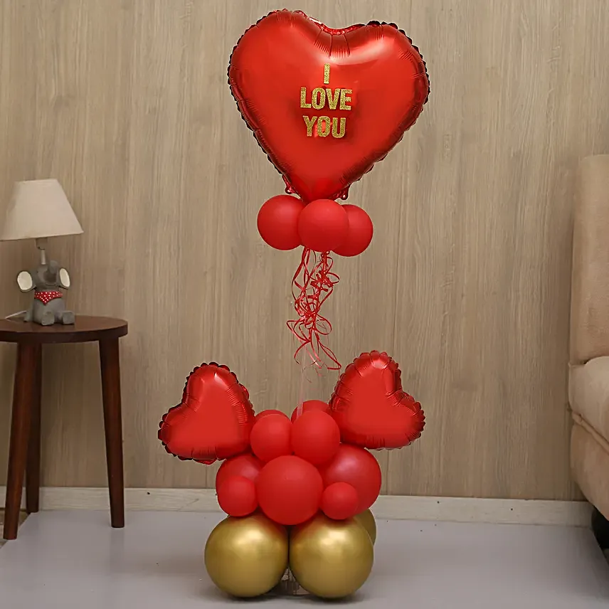 I Love You Red And Golden Balloon Bouquet:Anniversary Decoration Services